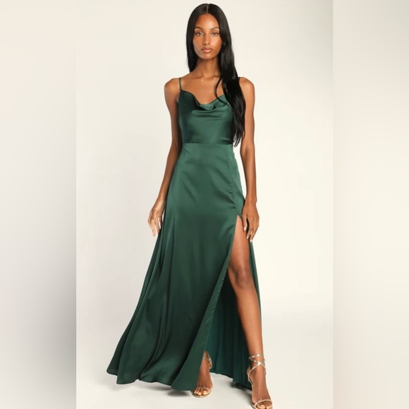 Formal Invitation Emerald Green Satin Cowl Neck Maxi Dress - Picture 1 of 3